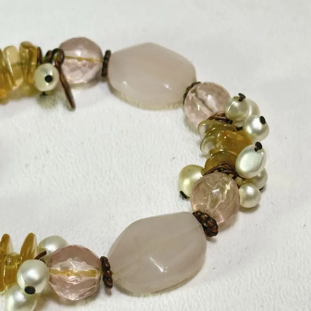 Vintage Cookie Lee Bracelet Chunky Dangle Silver Tone Pink Beaded Strand Stretch